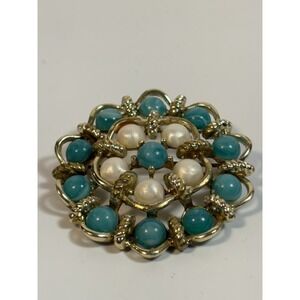 Vintage Brooch Pin with Pearl Silver Tone Metal Blue Bead AS IS